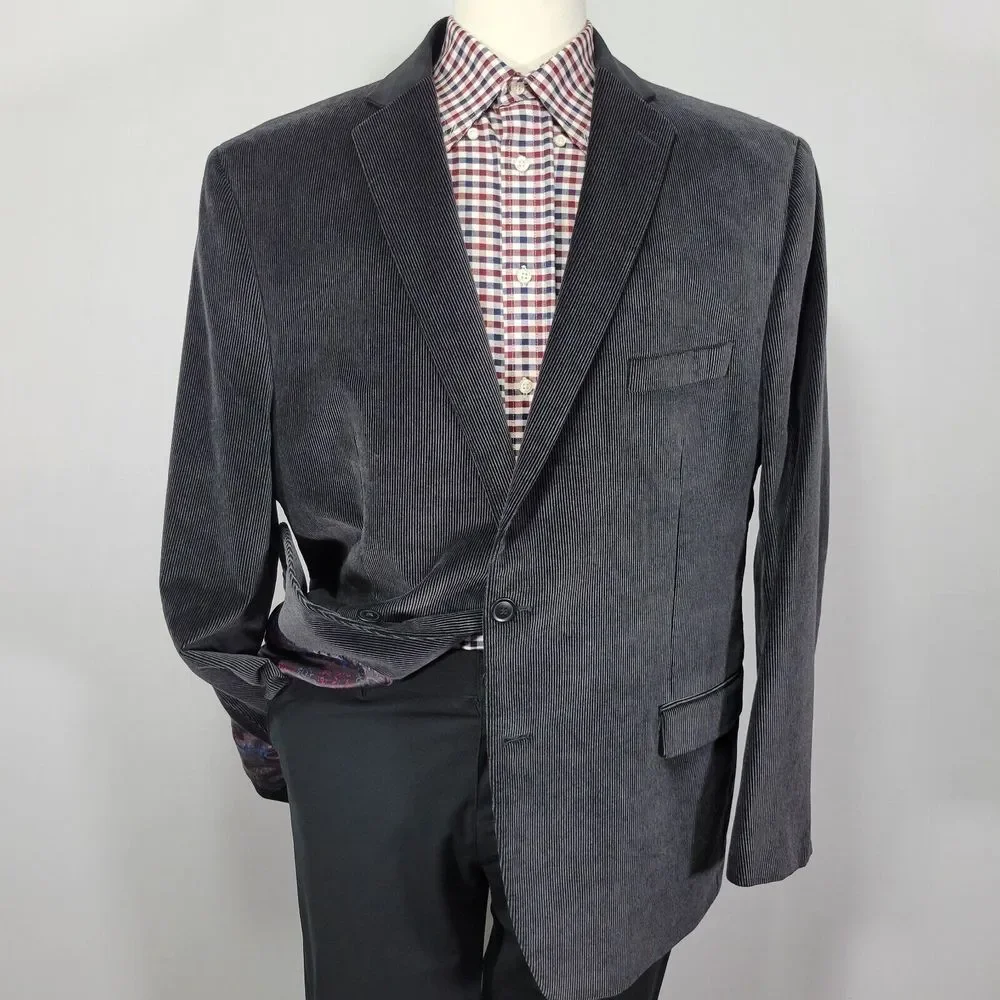 Van Heusen Studio Men's Sport Coat Blazer Two Button DK Gray Corduroy Cotton 48R
